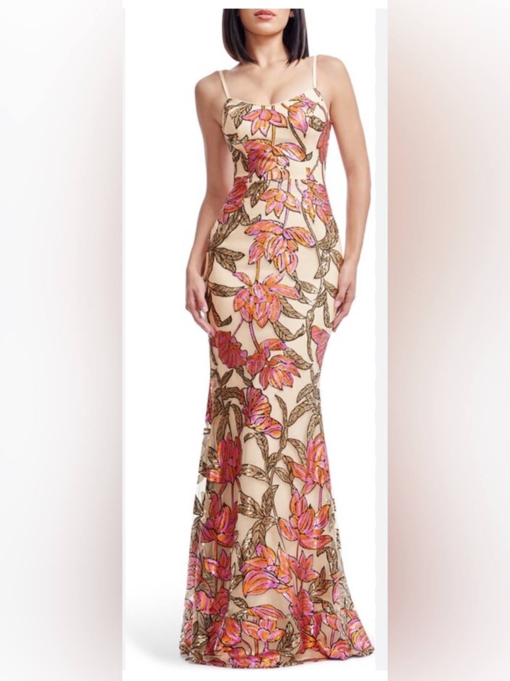 Dress the Population Cream Maxi Skirt with Pink & Orange Floral Embroidery